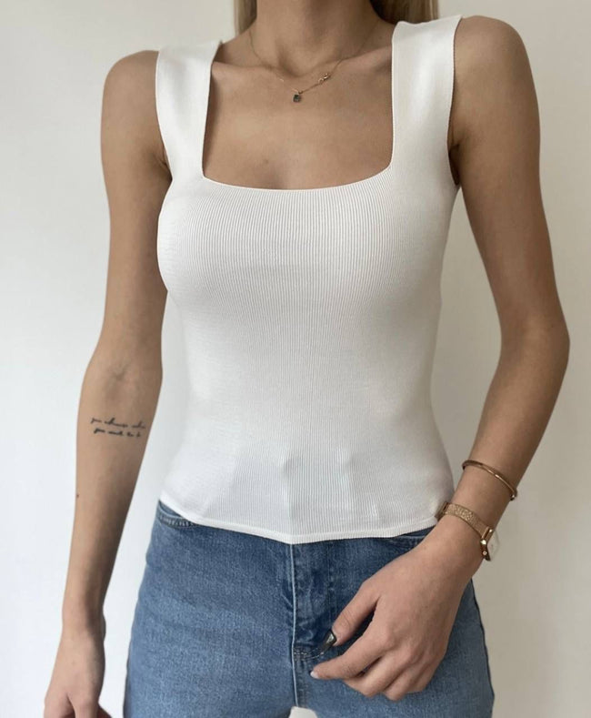 Kare Yaka Fitilli Beyaz Triko Atlet/Body