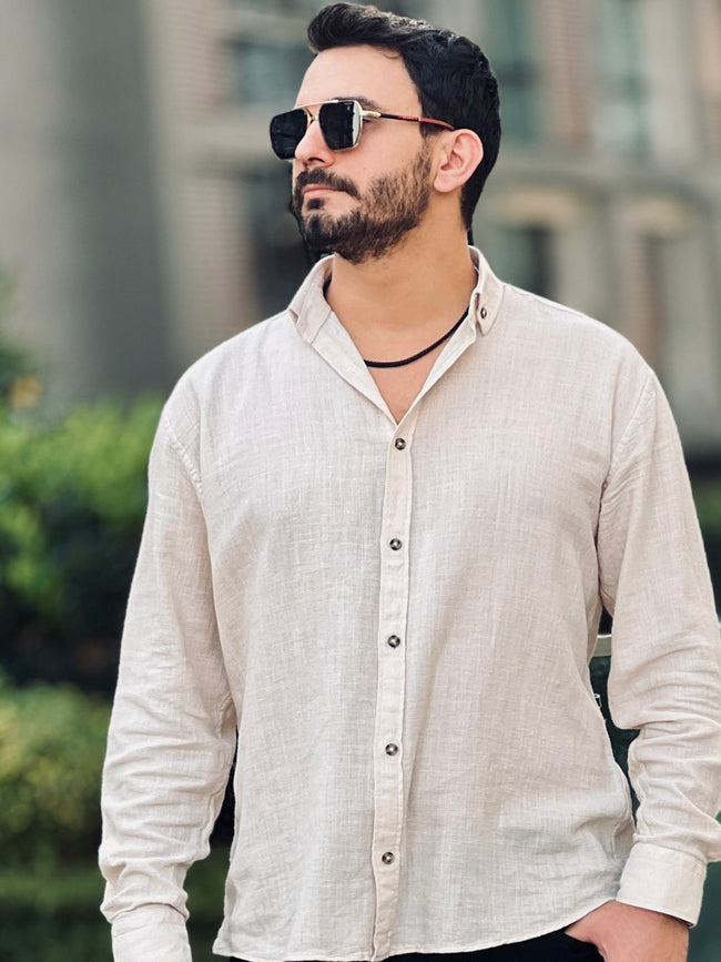 Bej Keten Görünümlü Erkek Gömlek