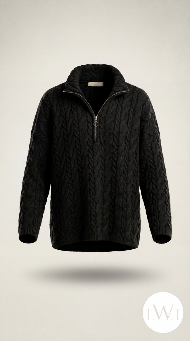 Kadın Siyah Oversize Fermuarlı Örgü Kazak – Standart Beden