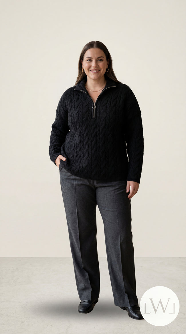 Kadın Siyah Oversize Fermuarlı Örgü Kazak – Standart Beden