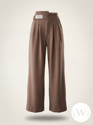 High Waist Pleated Belt Wide Leg Women's Fabric Trousers