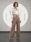 High Waist Pleated Belt Wide Leg Women's Fabric Trousers