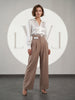 High Waist Pleated Belt Wide Leg Women's Fabric Trousers