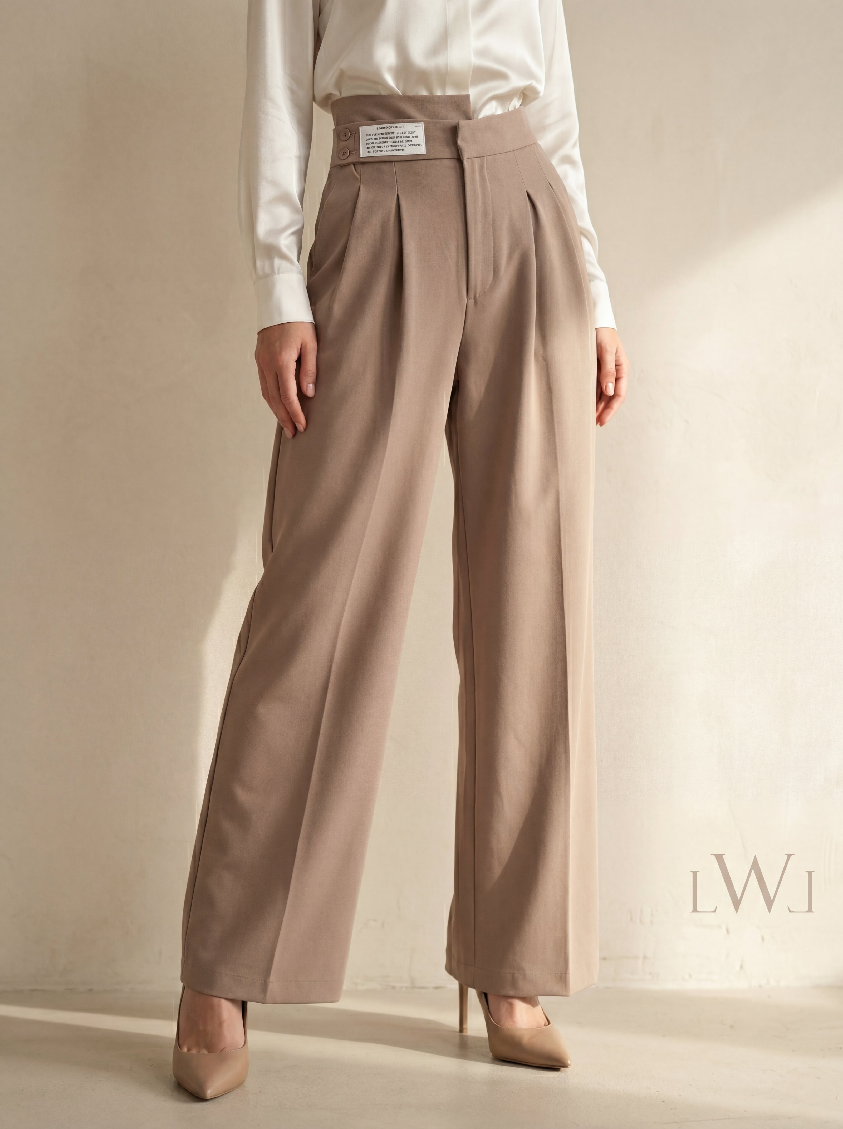 High Waist Pleated Belt Wide Leg Women's Fabric Trousers