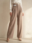 High Waist Pleated Belt Wide Leg Women's Fabric Trousers