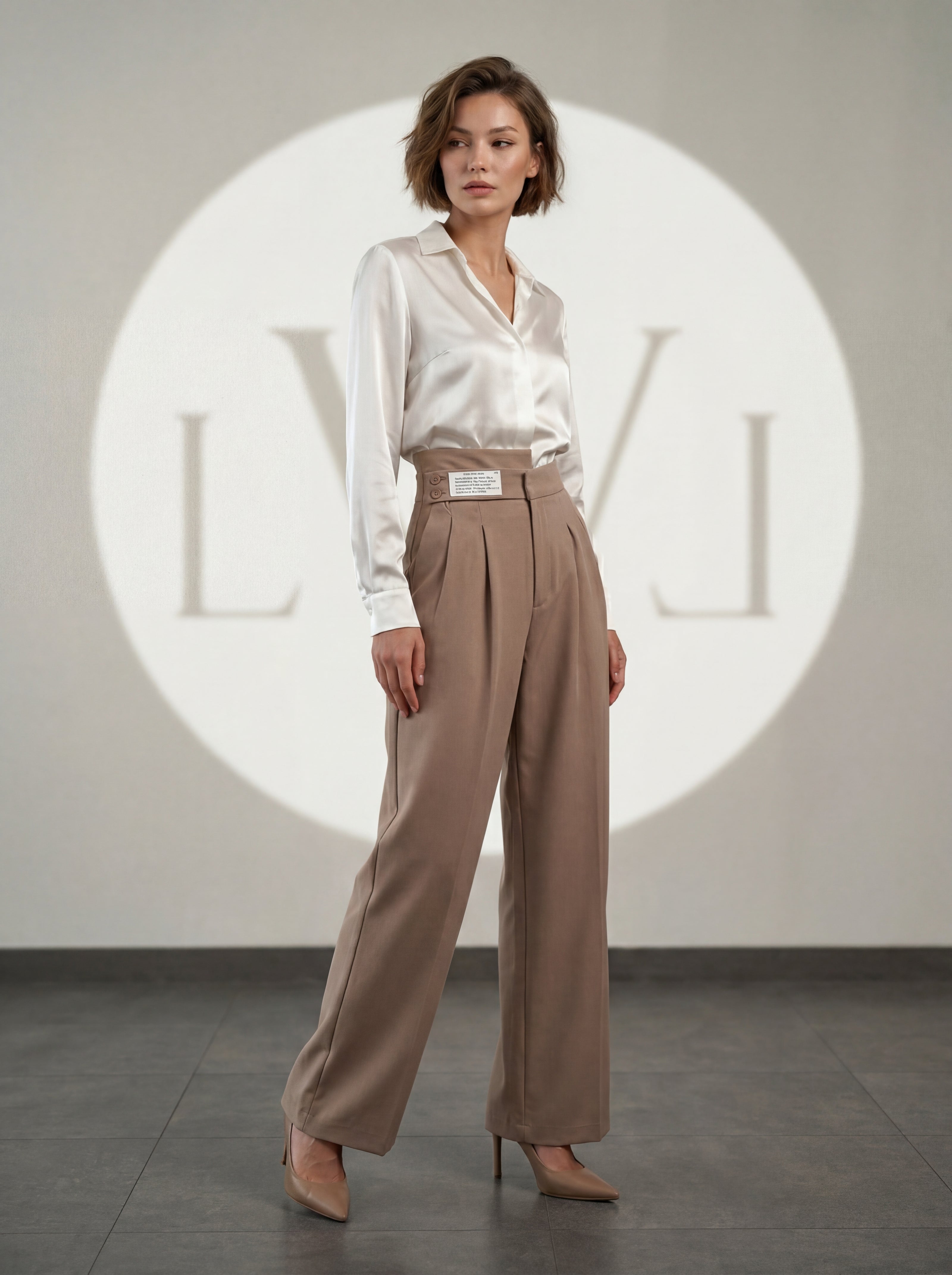 High Waist Pleated Belt Wide Leg Women's Fabric Trousers