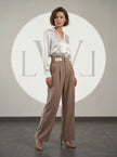 High Waist Pleated Belt Wide Leg Women's Fabric Trousers