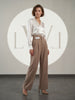 High Waist Pleated Belt Wide Leg Women's Fabric Trousers