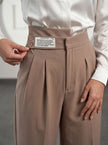 High Waist Pleated Belt Wide Leg Women's Fabric Trousers