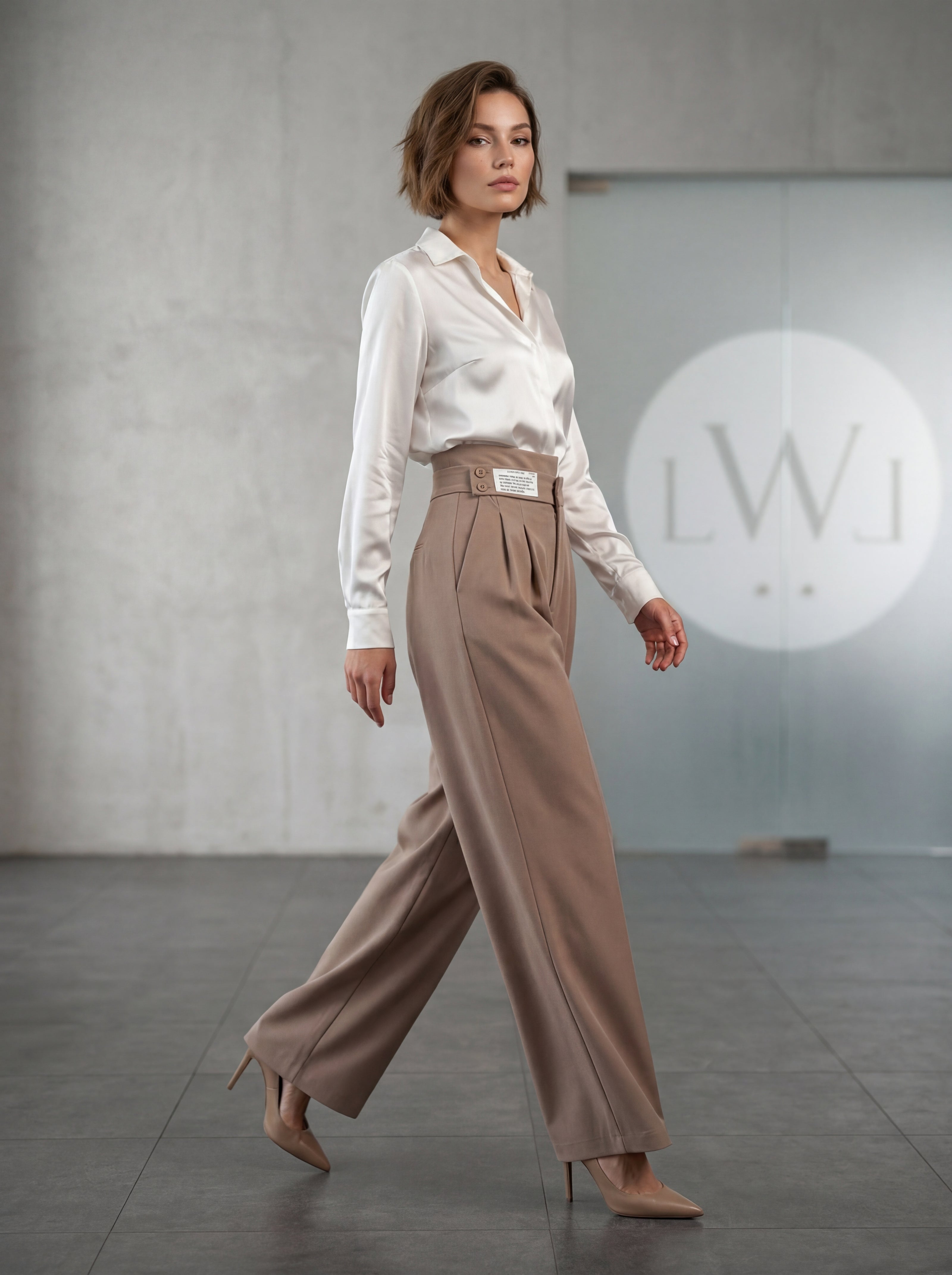 High Waist Pleated Belt Wide Leg Women's Fabric Trousers