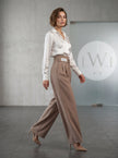 High Waist Pleated Belt Wide Leg Women's Fabric Trousers