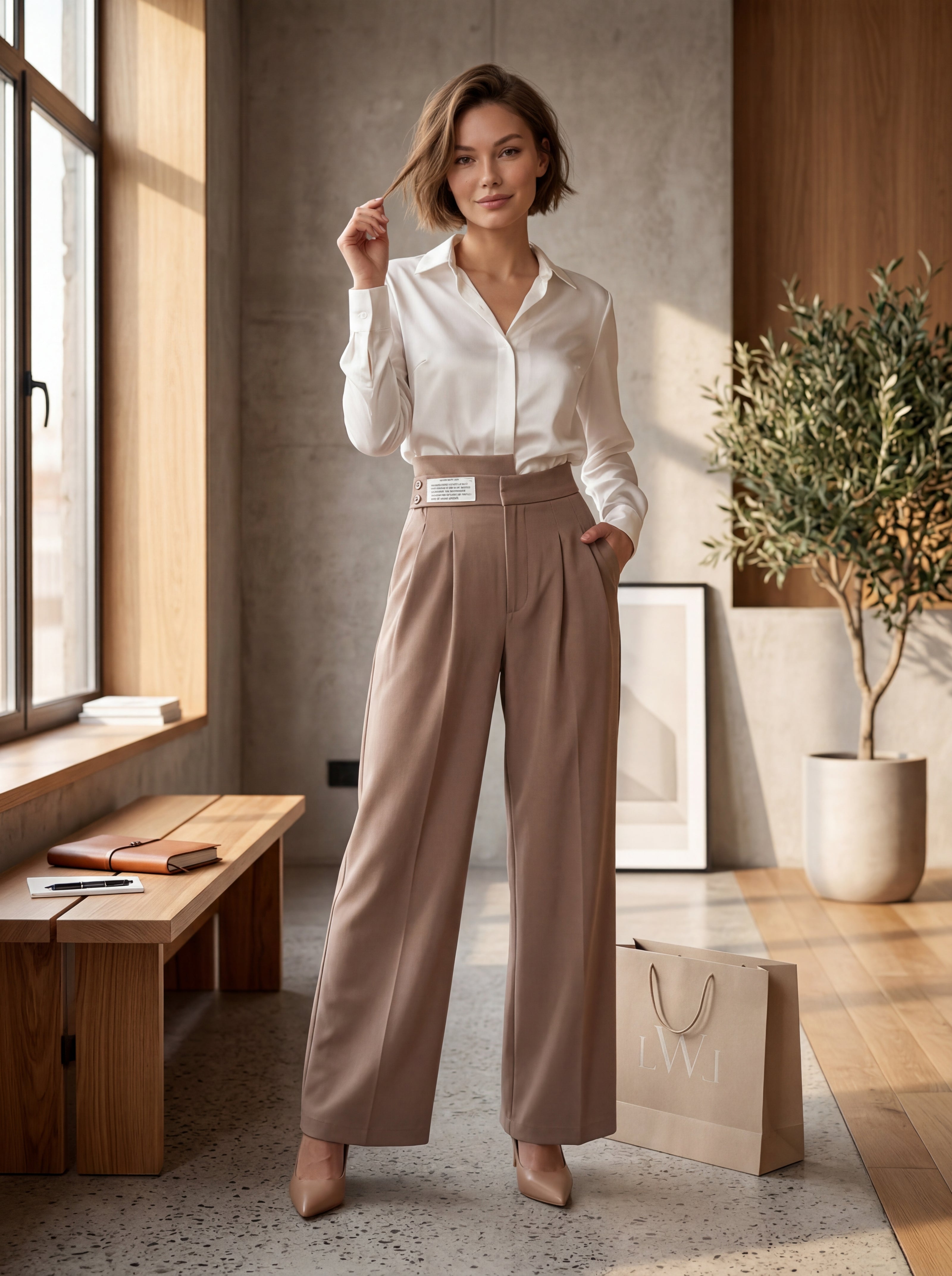 High Waist Pleated Belt Wide Leg Women's Fabric Trousers
