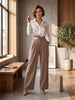 High Waist Pleated Belt Wide Leg Women's Fabric Trousers
