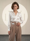 High Waist Pleated Belt Wide Leg Women's Fabric Trousers