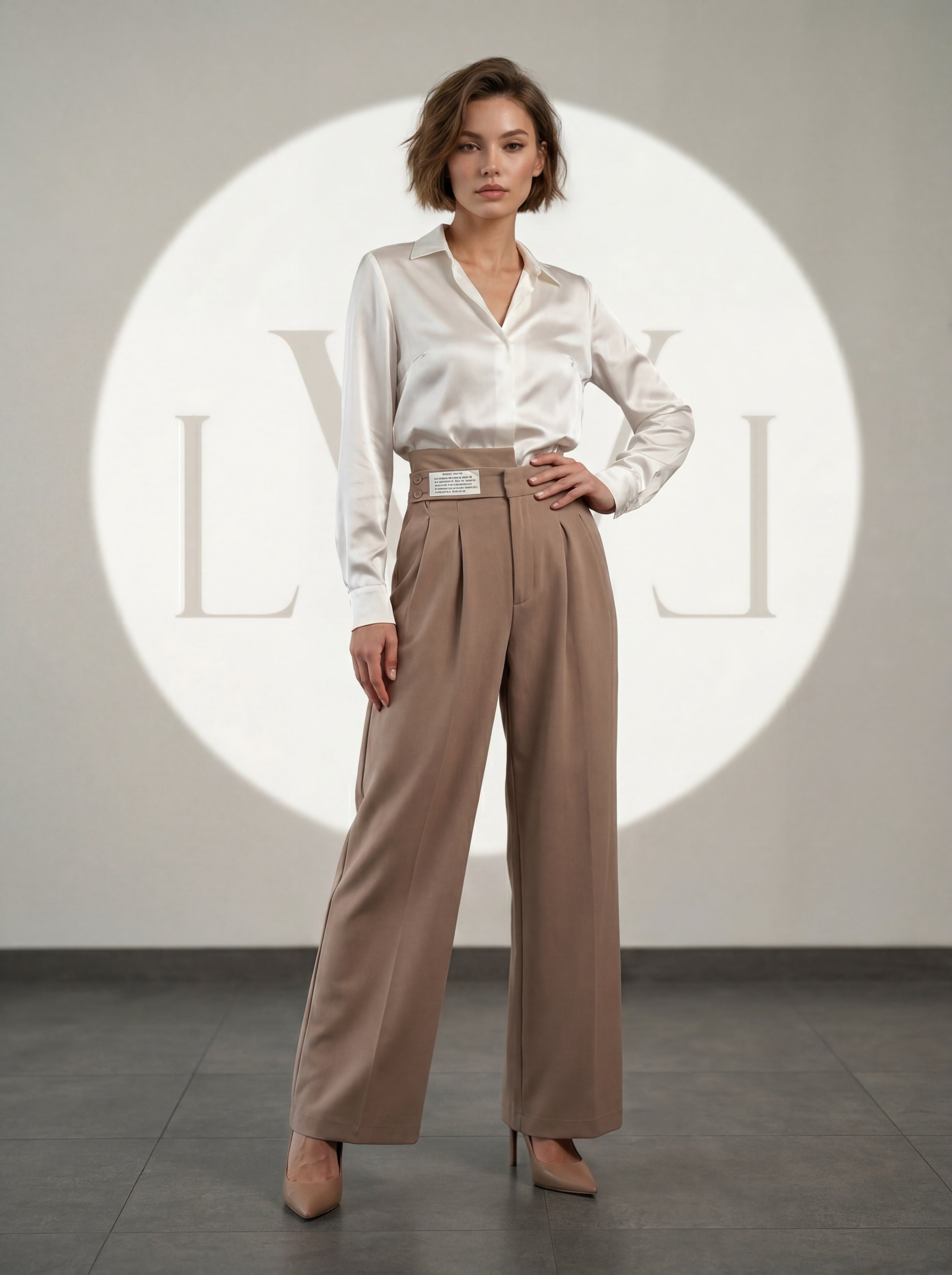 High Waist Pleated Belt Wide Leg Women's Fabric Trousers