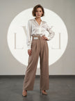 High Waist Pleated Belt Wide Leg Women's Fabric Trousers