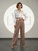 High Waist Pleated Belt Wide Leg Women's Fabric Trousers
