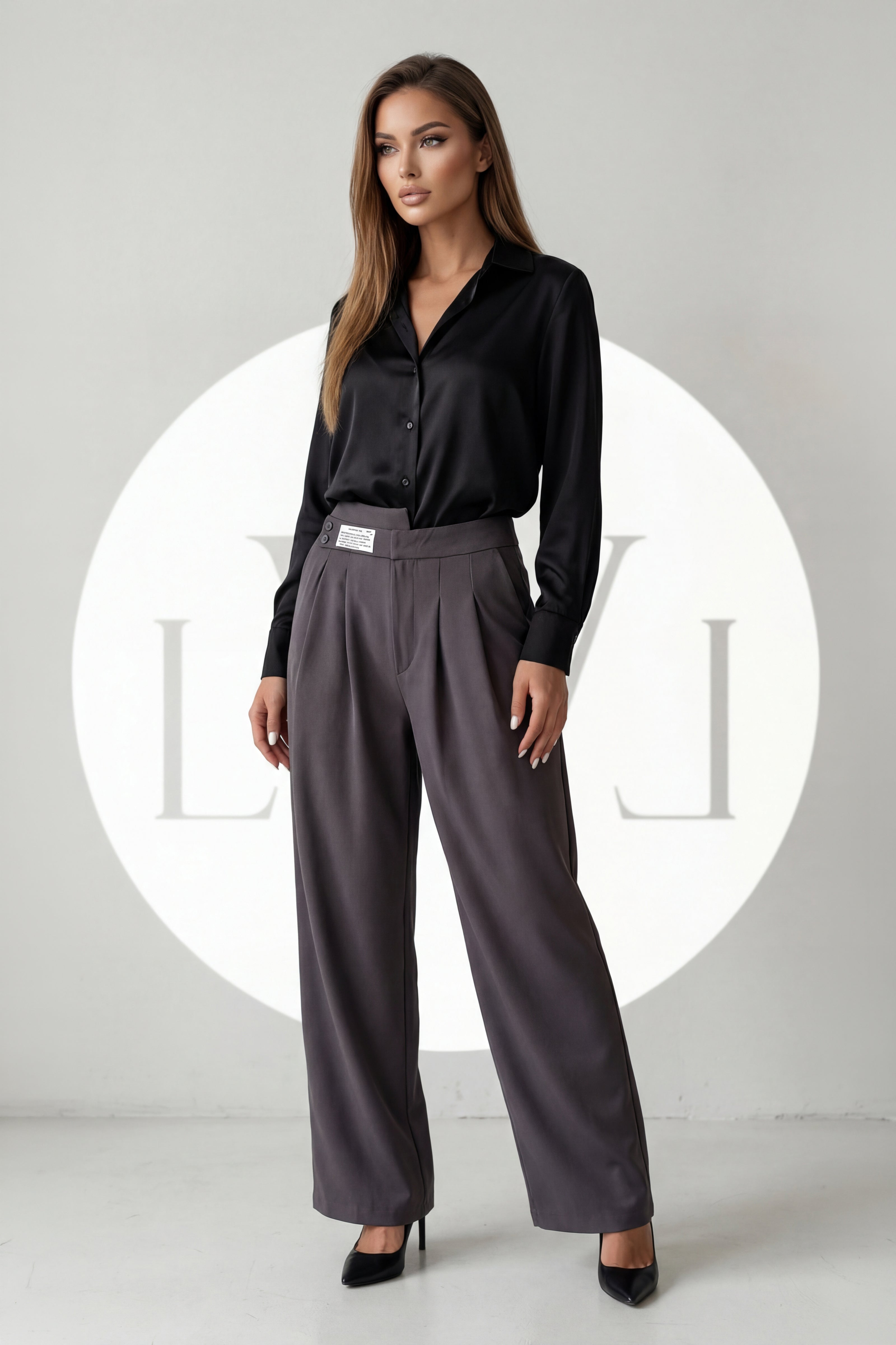 High Waist Pleated Belt Wide Leg Women's Fabric Trousers