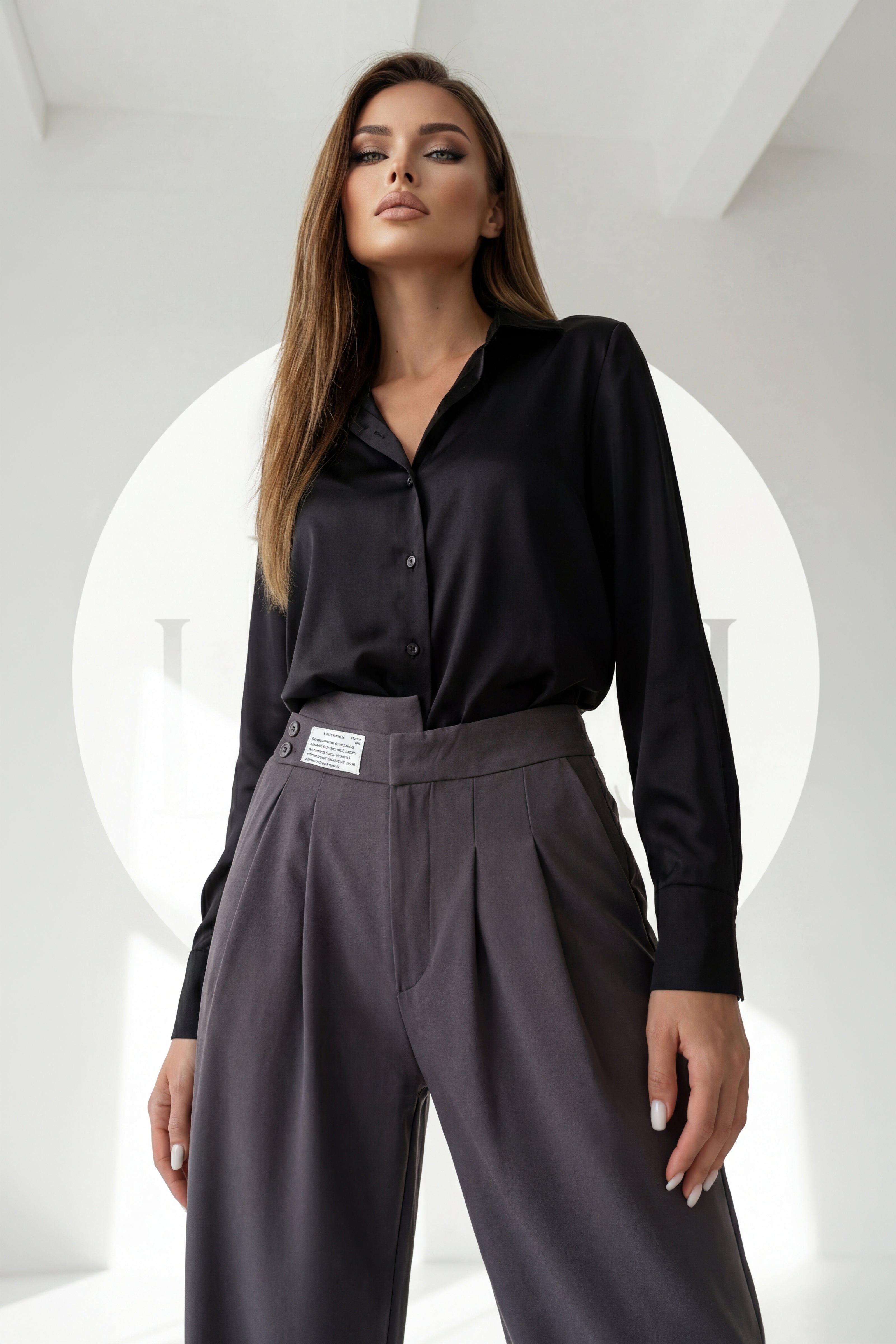 High Waist Pleated Belt Wide Leg Women's Fabric Trousers