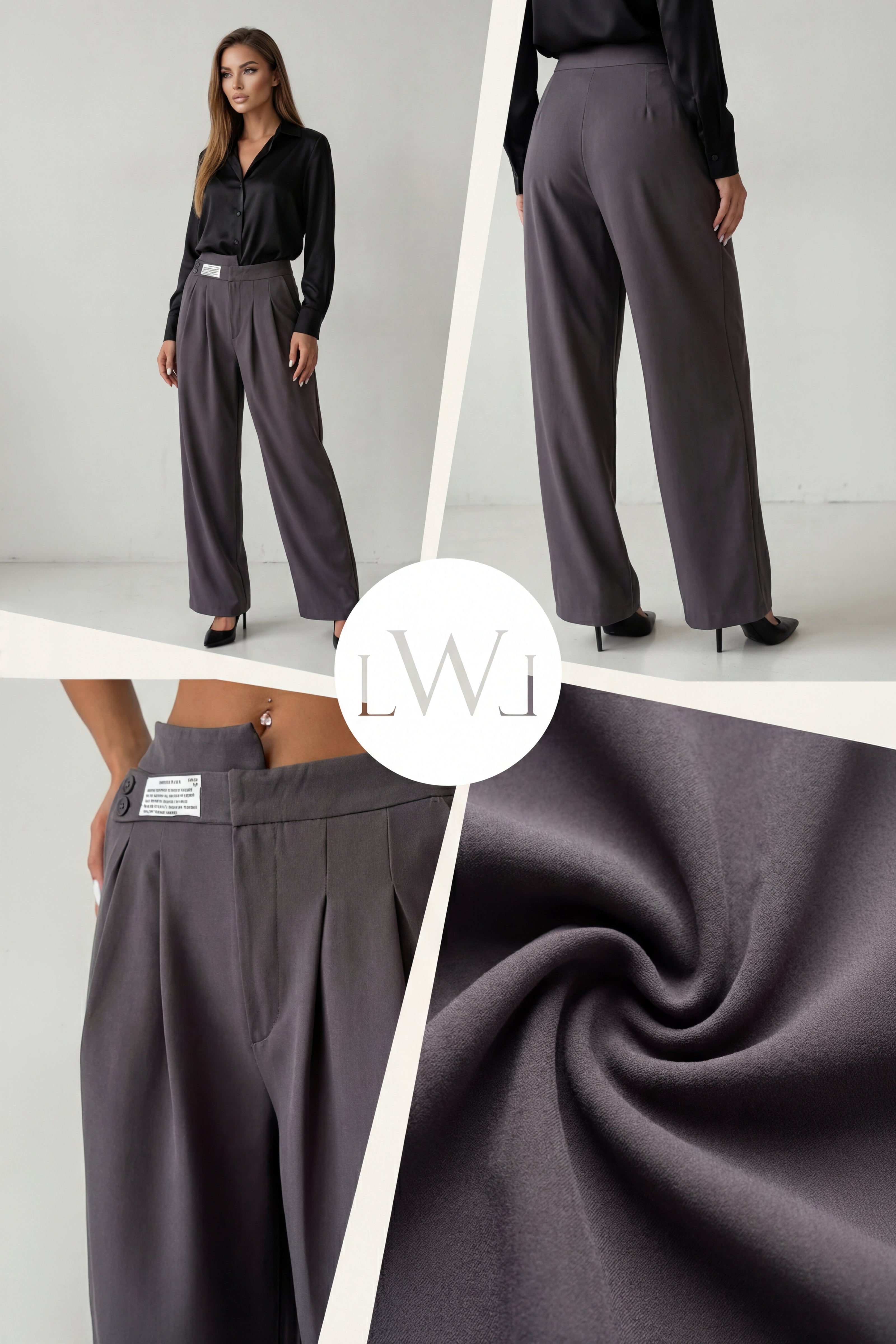 High Waist Pleated Belt Wide Leg Women's Fabric Trousers