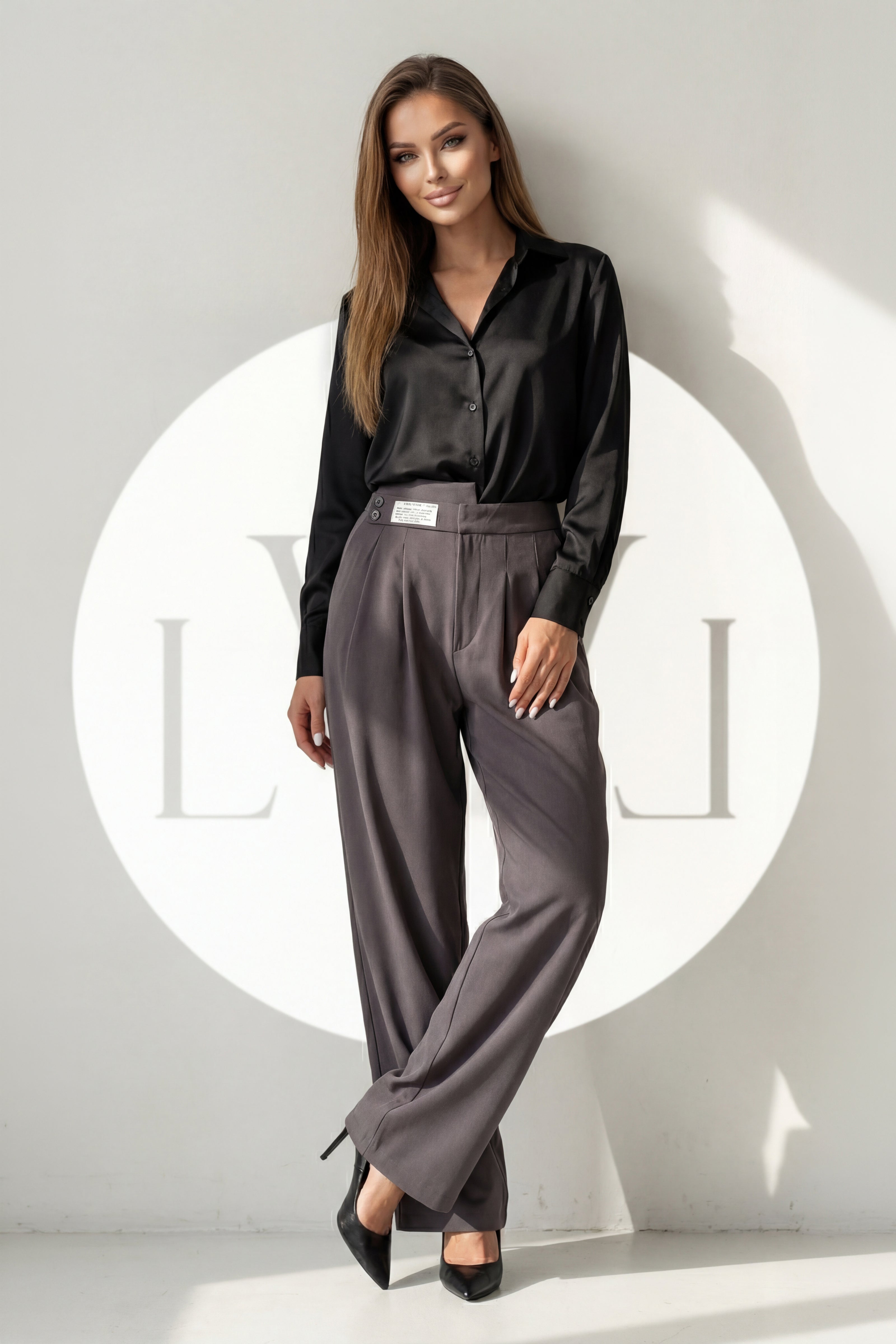 High Waist Pleated Belt Wide Leg Women's Fabric Trousers