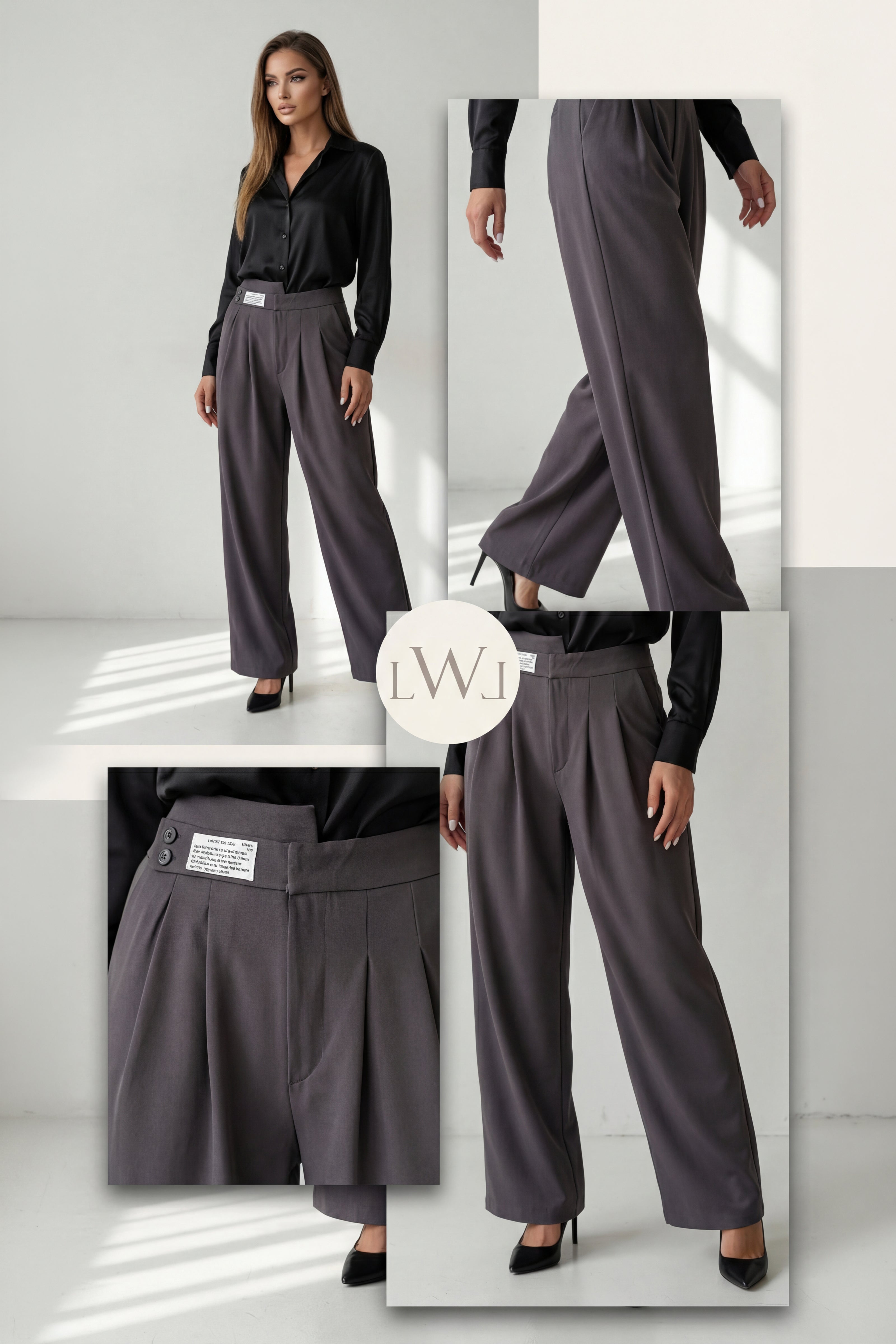 High Waist Pleated Belt Wide Leg Women's Fabric Trousers