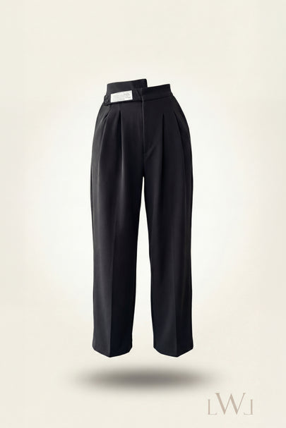 High Waist Pleated Belt Wide Leg Women's Fabric Trousers