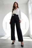 High Waist Pleated Belt Wide Leg Women's Fabric Trousers