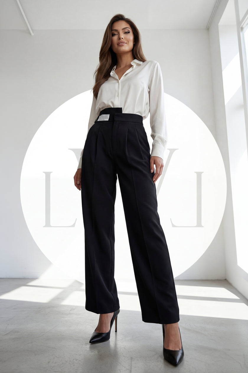 High Waist Pleated Belt Wide Leg Women's Fabric Trousers