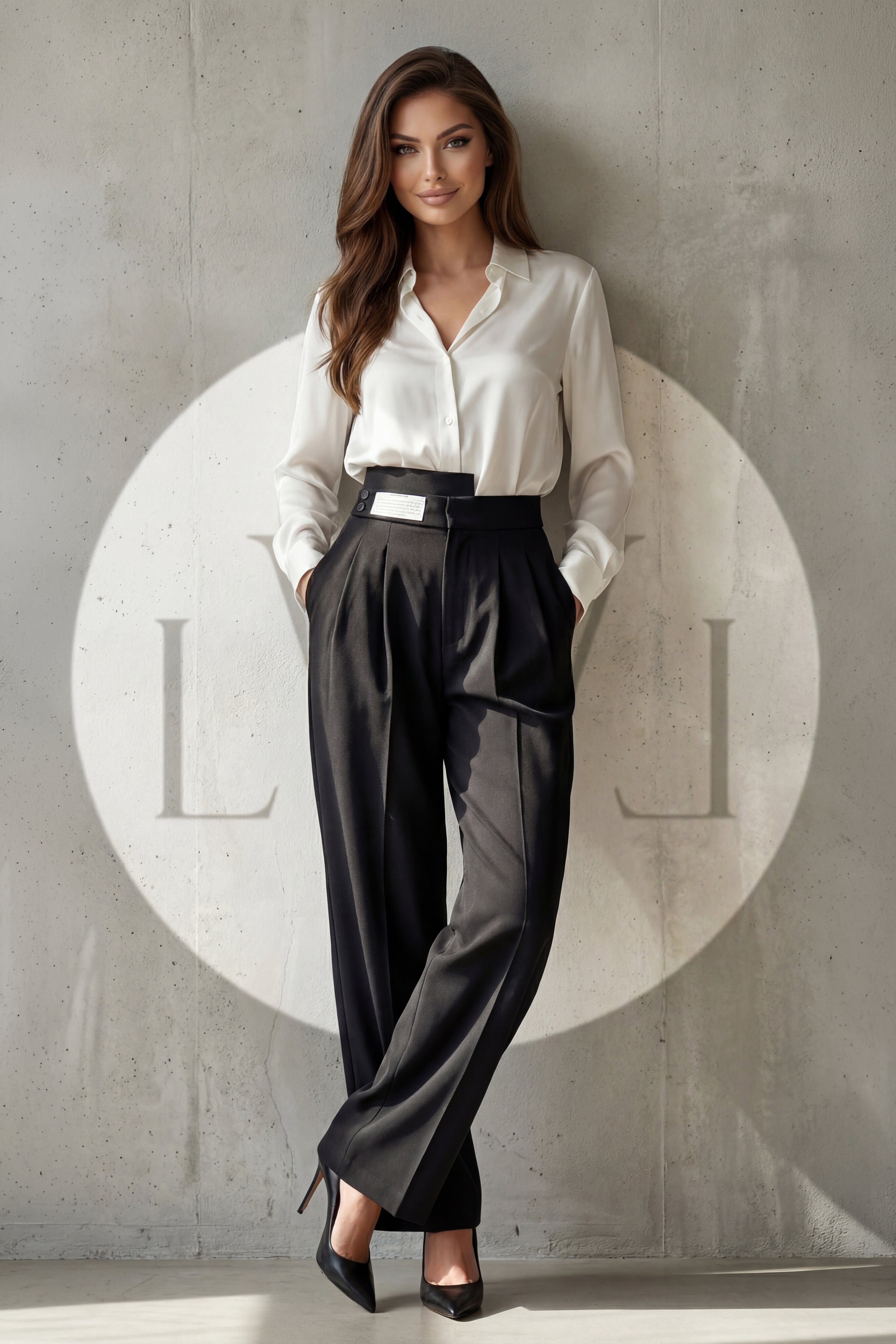 High Waist Pleated Belt Wide Leg Women's Fabric Trousers
