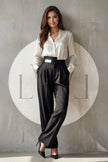 High Waist Pleated Belt Wide Leg Women's Fabric Trousers