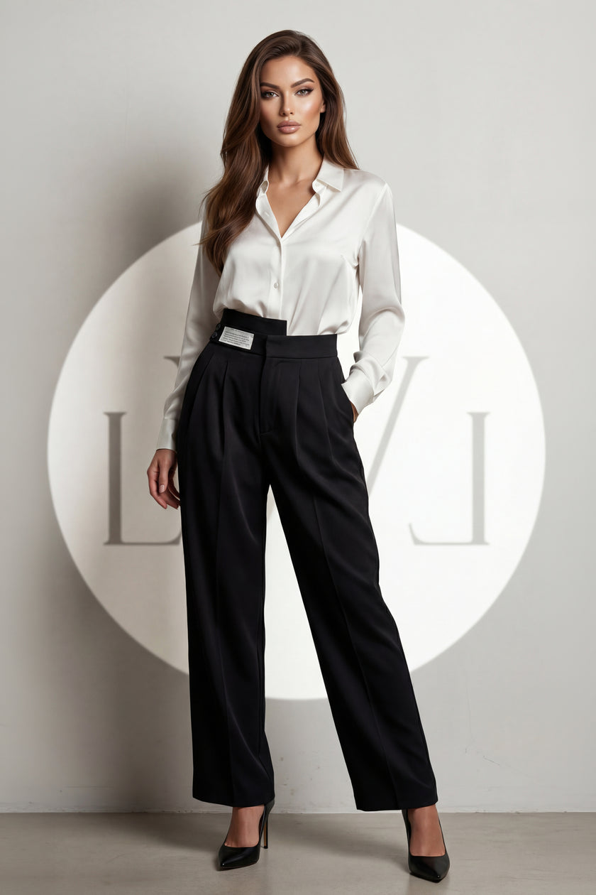 High Waist Pleated Belt Wide Leg Women's Fabric Trousers