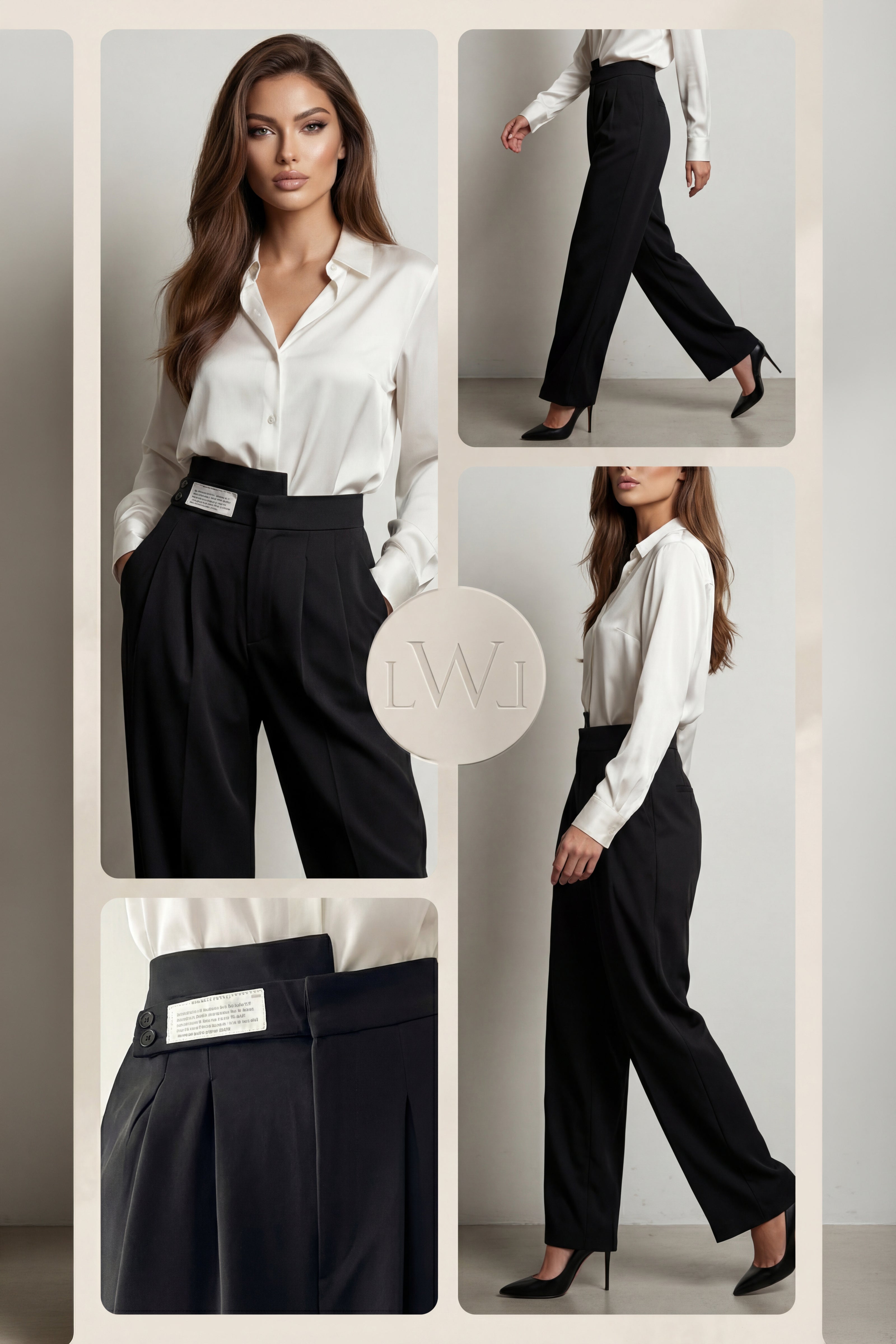 High Waist Pleated Belt Wide Leg Women's Fabric Trousers