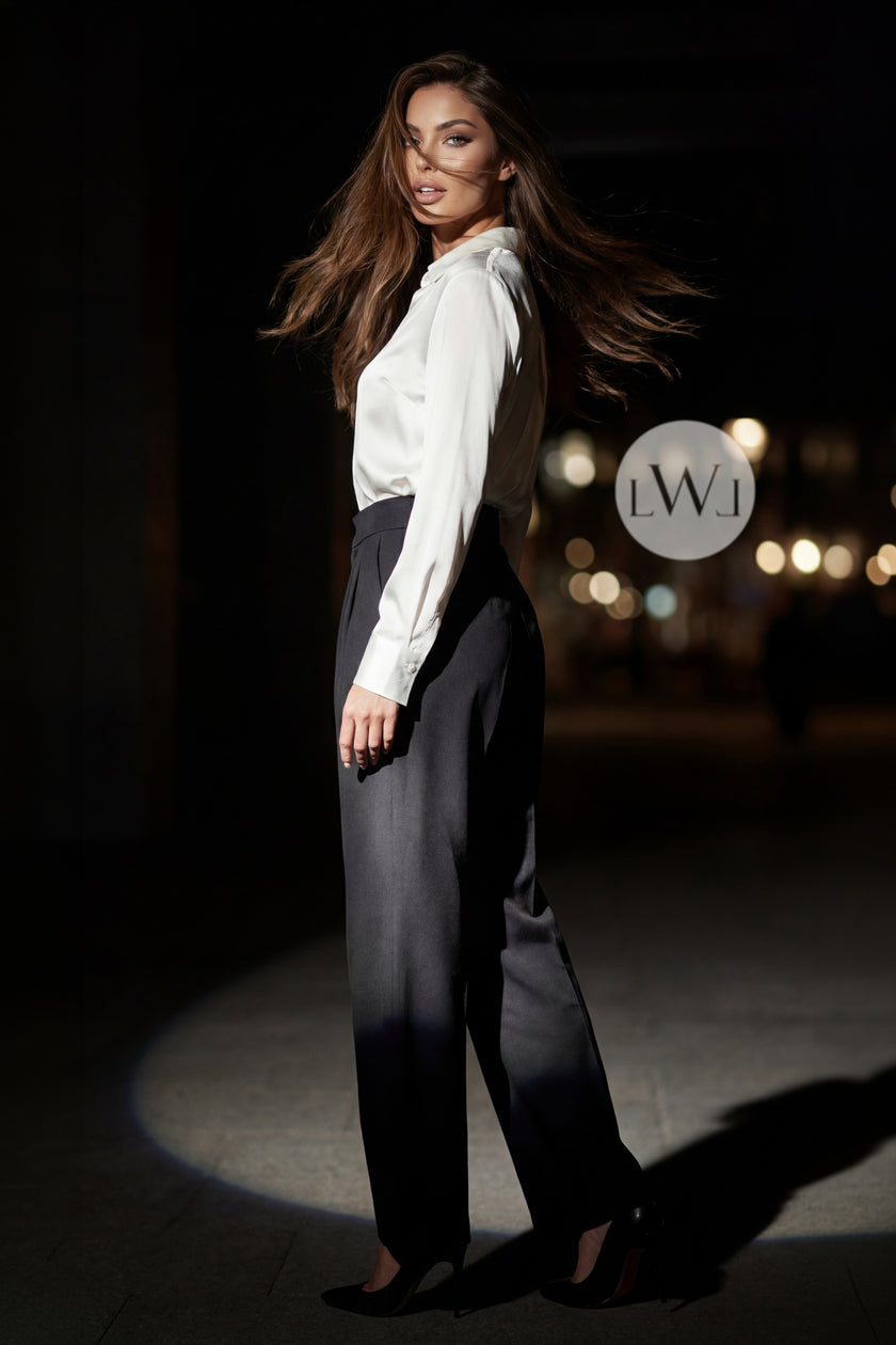 High Waist Pleated Belt Wide Leg Women's Fabric Trousers