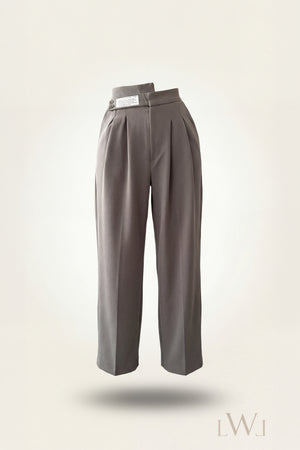 High Waist Pleated Belt Wide Leg Women's Fabric Trousers