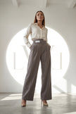 High Waist Pleated Belt Wide Leg Women's Fabric Trousers