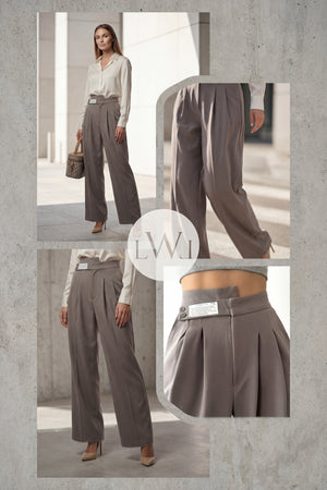 High Waist Pleated Belt Wide Leg Women's Fabric Trousers