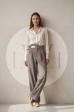 High Waist Pleated Belt Wide Leg Women's Fabric Trousers