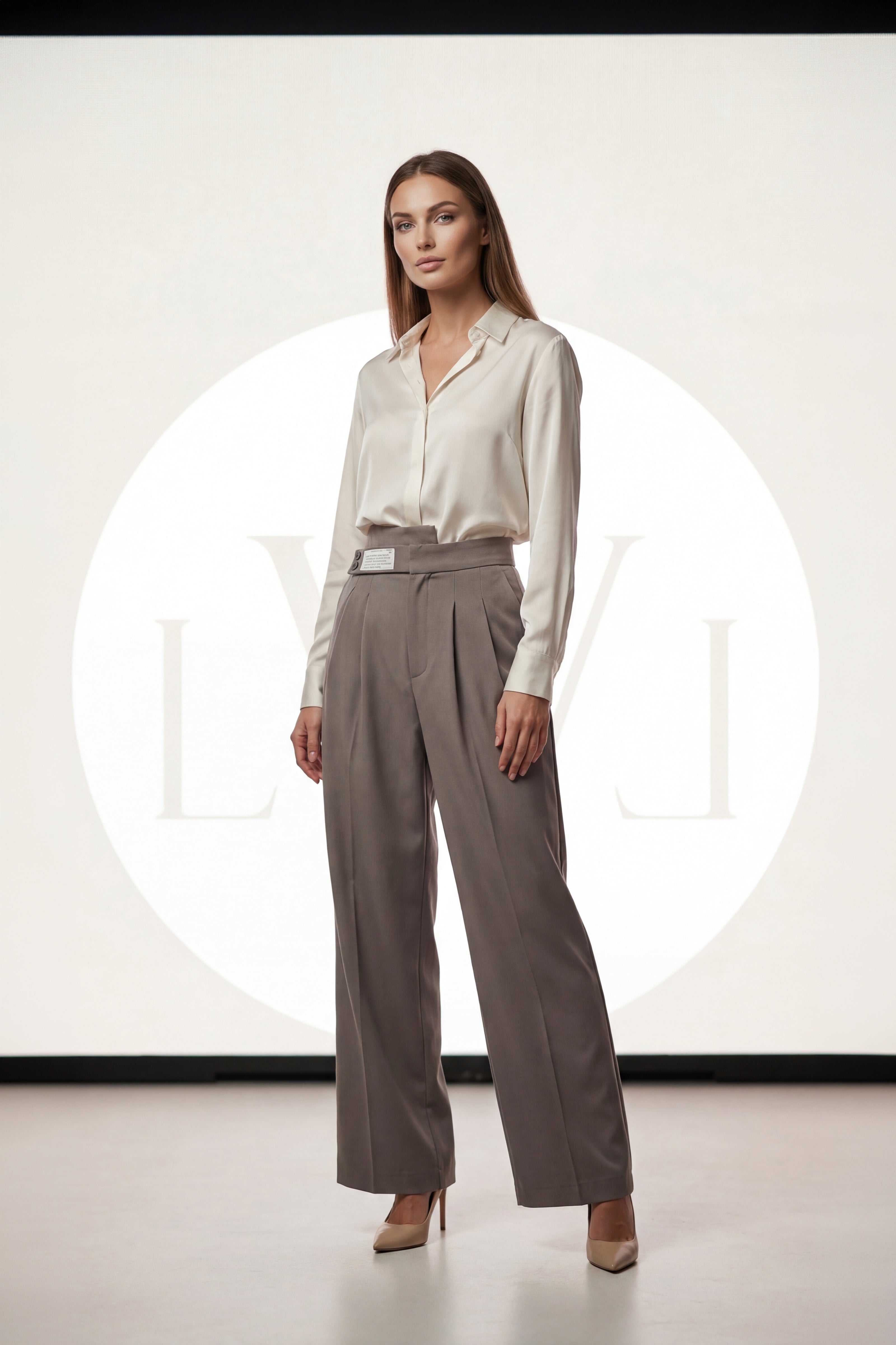 High Waist Pleated Belt Wide Leg Women's Fabric Trousers