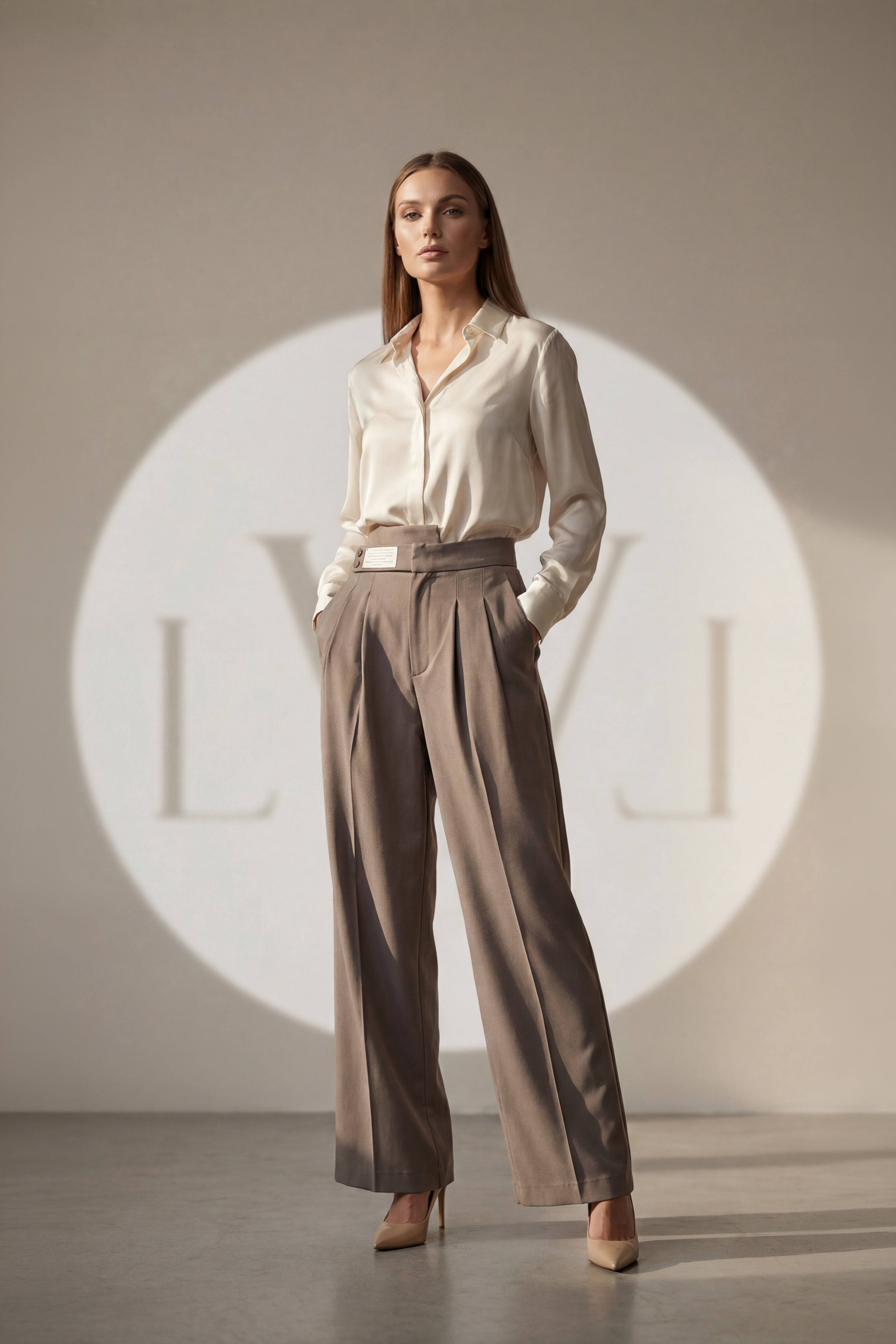 High Waist Pleated Belt Wide Leg Women's Fabric Trousers