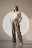 High Waist Pleated Belt Wide Leg Women's Fabric Trousers