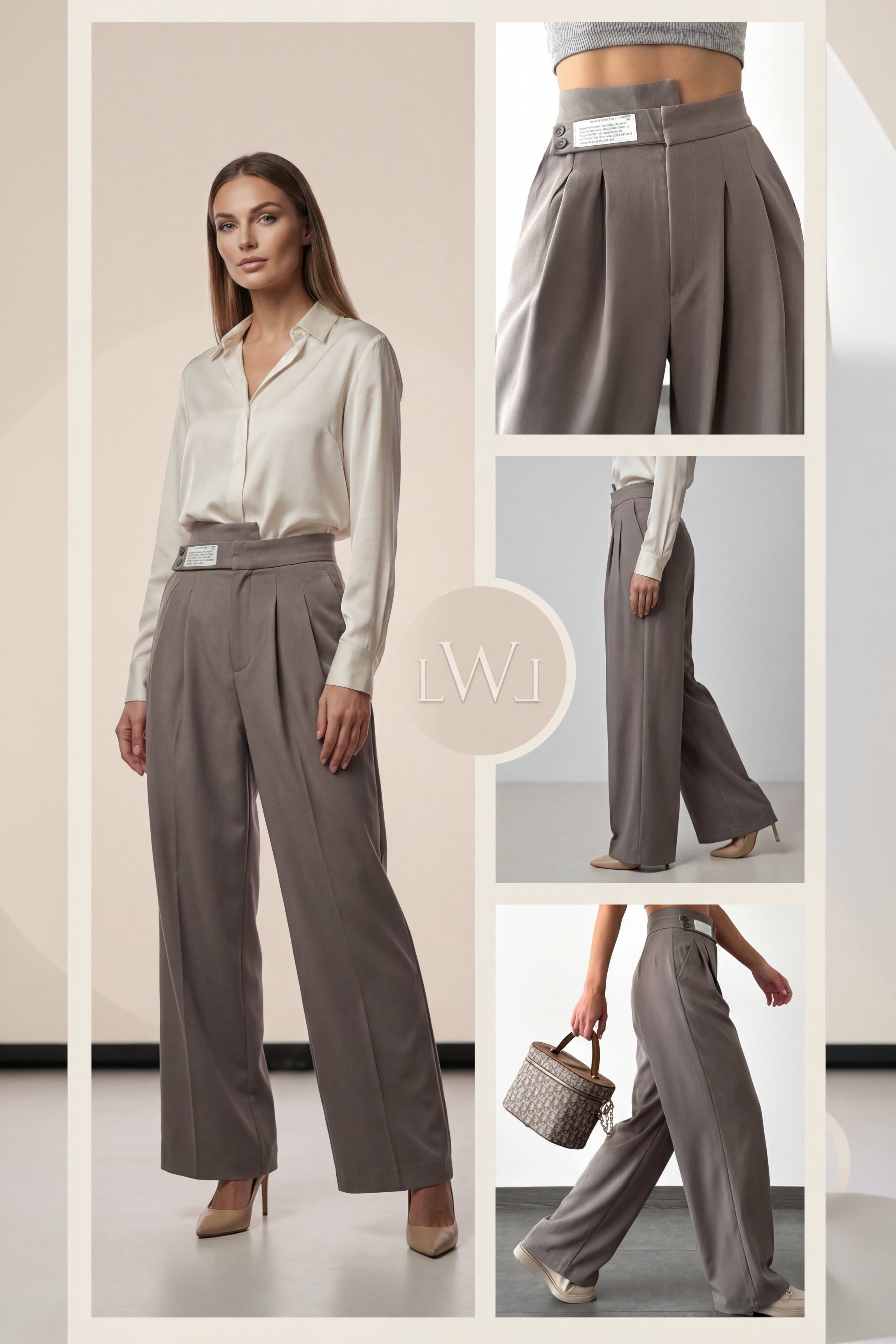 High Waist Pleated Belt Wide Leg Women's Fabric Trousers