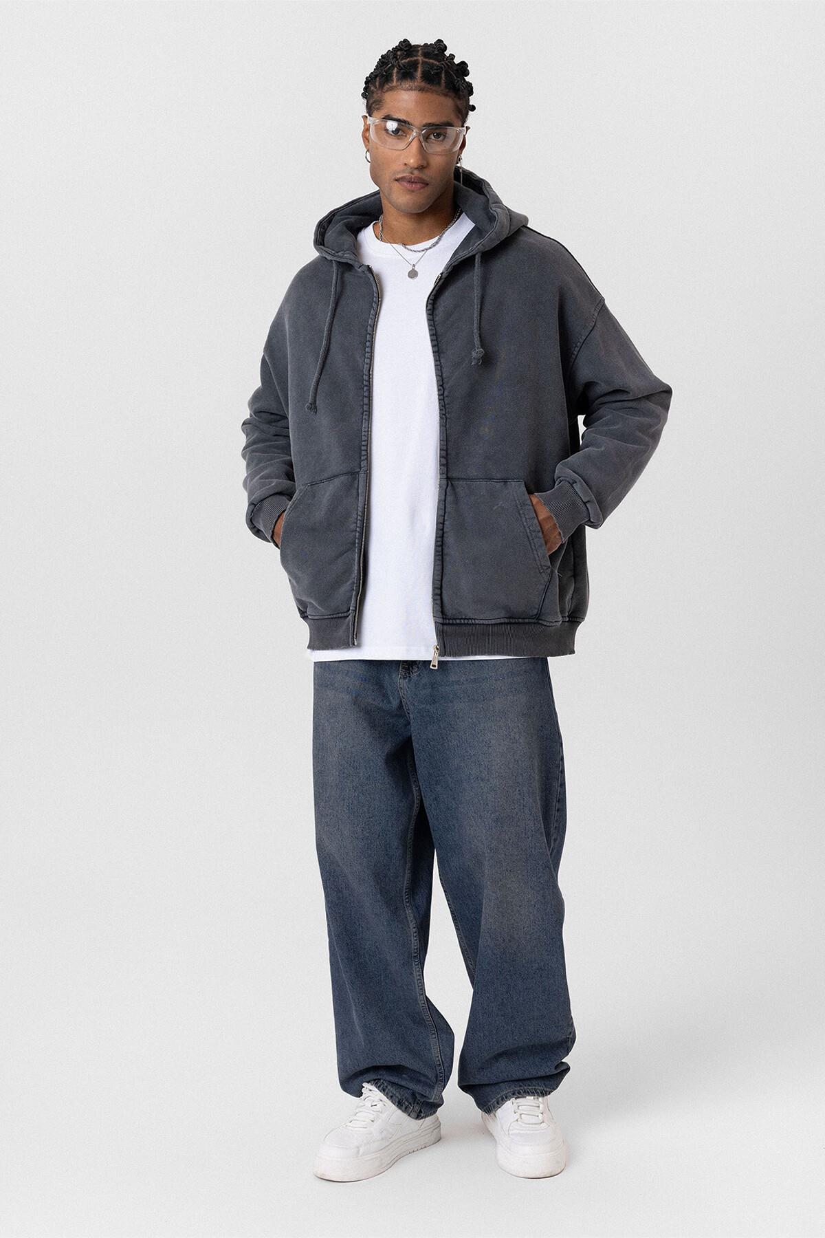 Premium Yıkamalı Fermuarlı Kapüşonlu Oversize Sweatshirt