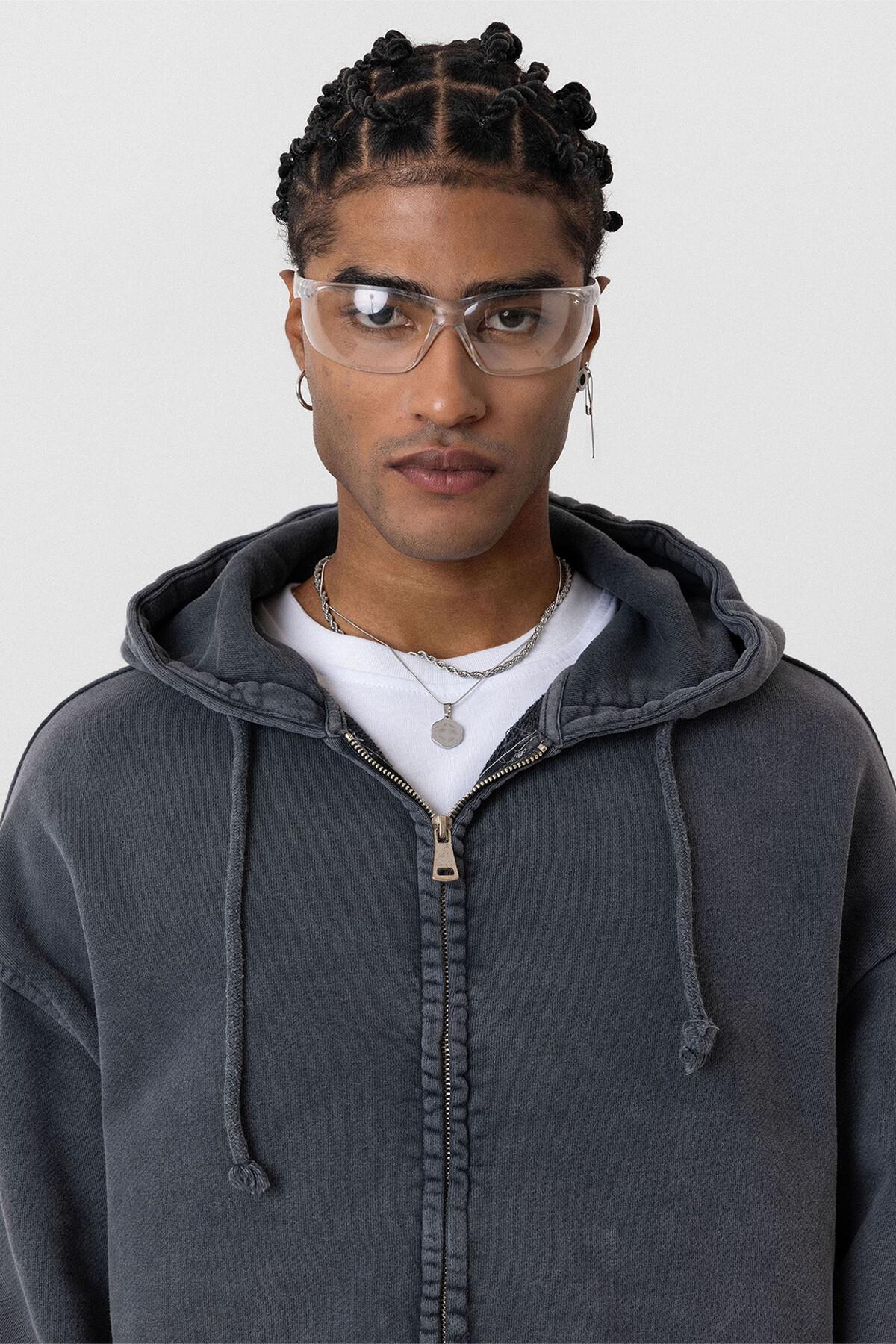 Premium Yıkamalı Fermuarlı Kapüşonlu Oversize Sweatshirt