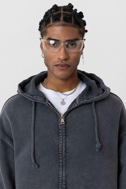 Premium Yıkamalı Fermuarlı Kapüşonlu Oversize Sweatshirt