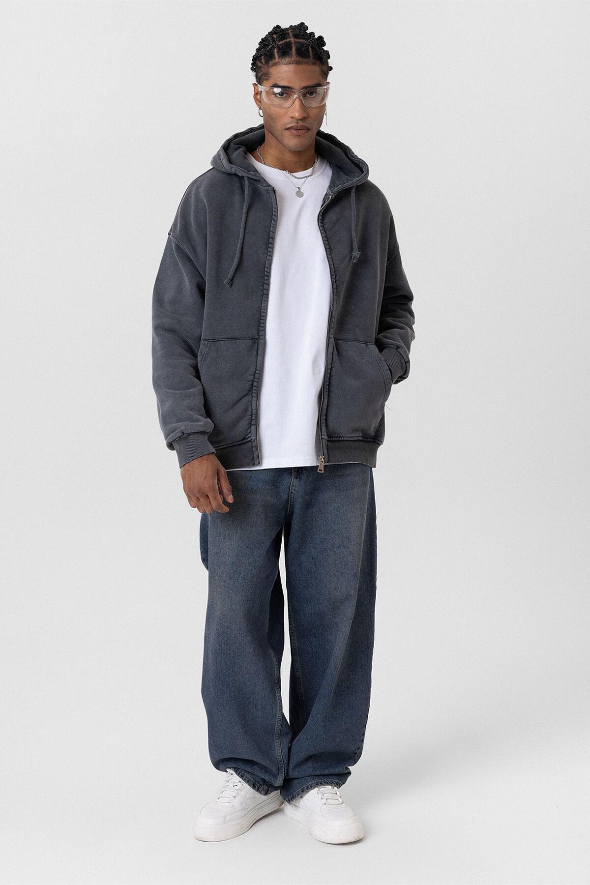 Premium Yıkamalı Fermuarlı Kapüşonlu Oversize Sweatshirt