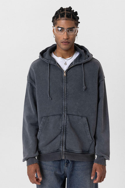 Premium Yıkamalı Fermuarlı Kapüşonlu Oversize Sweatshirt