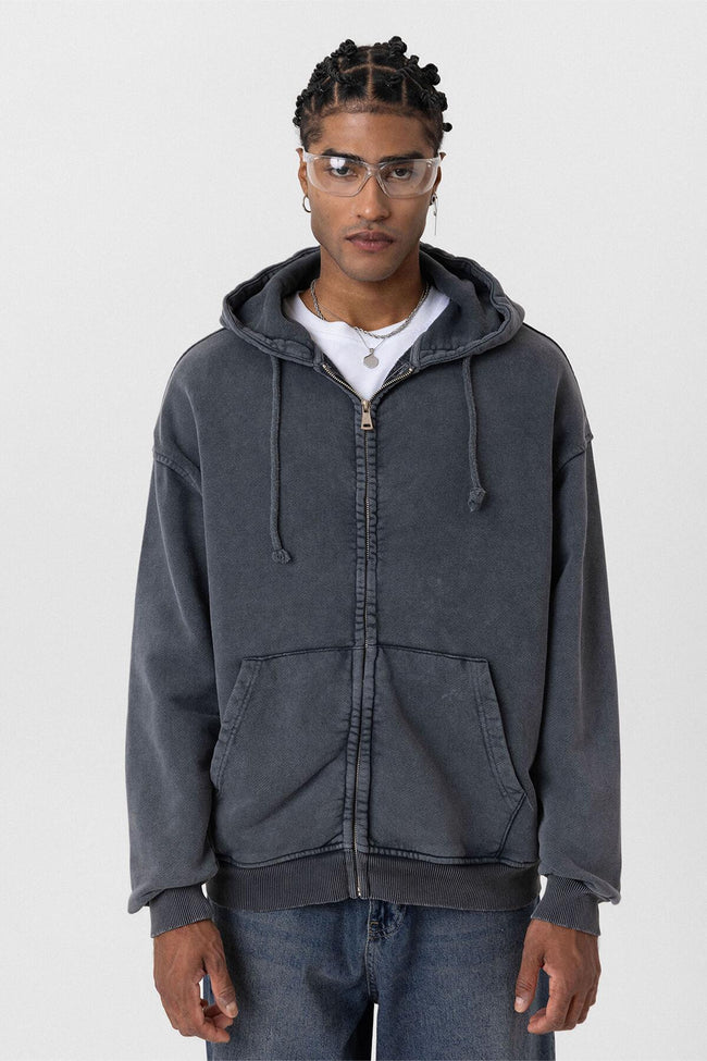 Premium Yıkamalı Fermuarlı Kapüşonlu Oversize Sweatshirt
